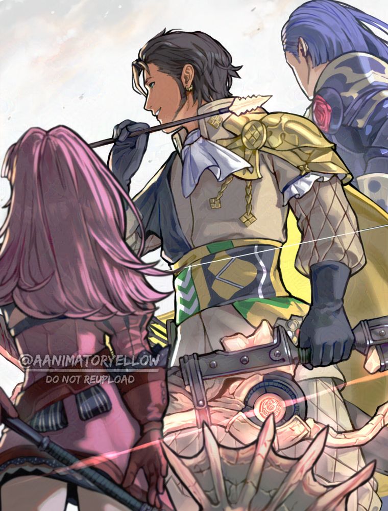 Claude, Lorenz, and Hilda from Fire Emblem: Three Houses stand side-by-side looking off into the distance. Hilda and Claude hold their respective hero relic weapons. Claude's has a visible grin on his face.