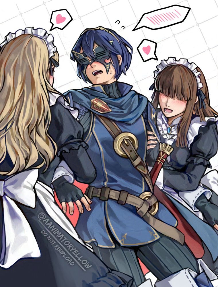 Lucina from Fire Emblem: Awakening donning her Masked Marth disguise being romantically pursued by maids who mistake her to be a handsome and mysterious swordsman. Lucina wears a flustered expression and is unsure about what to do.