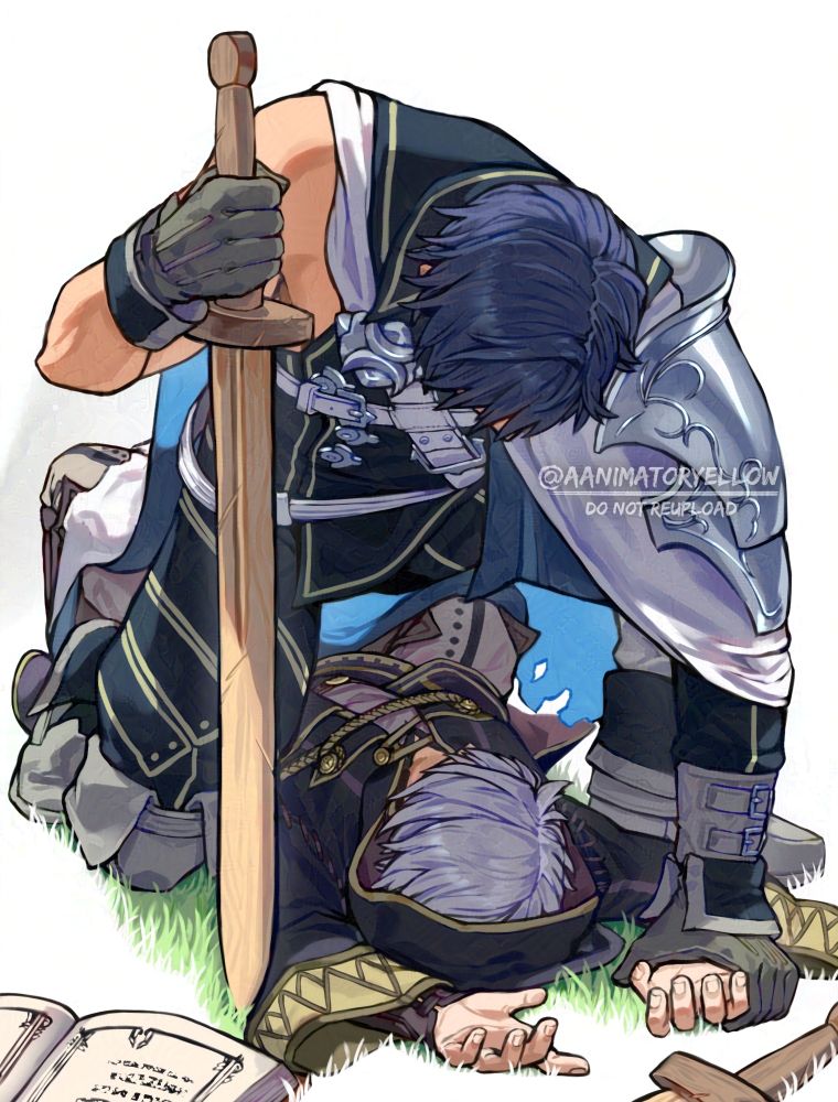 Chrom and male Robin after a sparring session: Robin on his back lying on a grassy floor, disarmed with his wooden training sword and fire tome scattered on the floor away from his hands. Chrom is atop him, kneeling and holding onto his own wooden training sword with his right hand while he uses his left hand to pin Robin's right arm to the floor.
