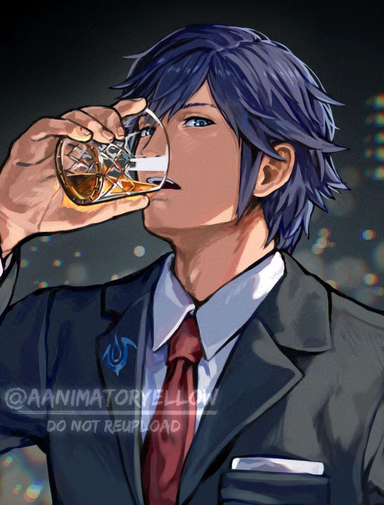 Modern business AU: Chrom from Fire Emblem: Awakening in a suit looking at the viewer, his head tilted up as he sips on a glass with an alcoholic drink
