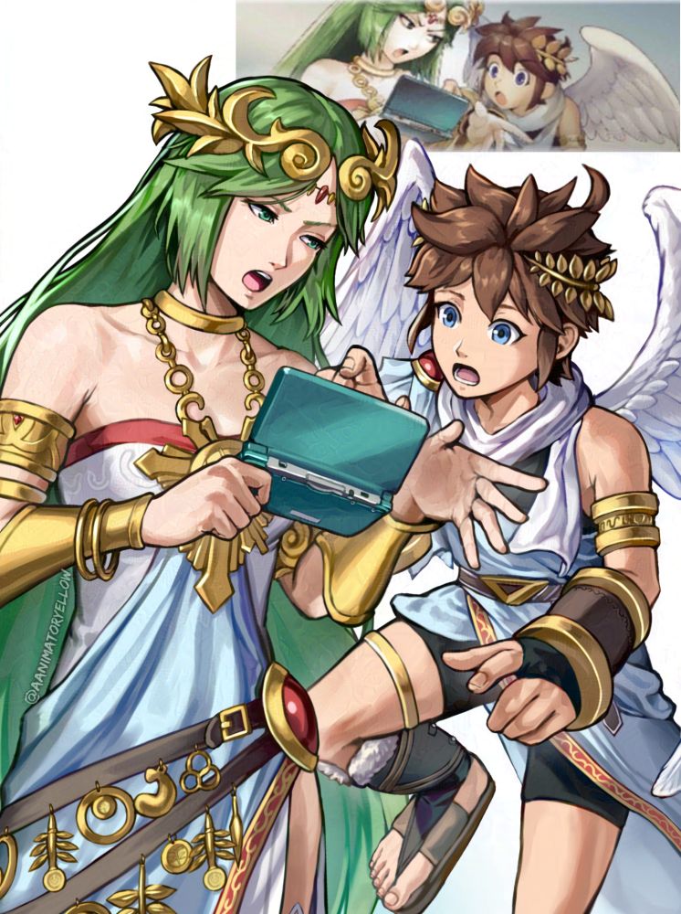 Pit and Palutena from Kid Icarus: Uprising. My redraw of the official art where Palutena is holding a 3DS with Pit looking at the device in awe.