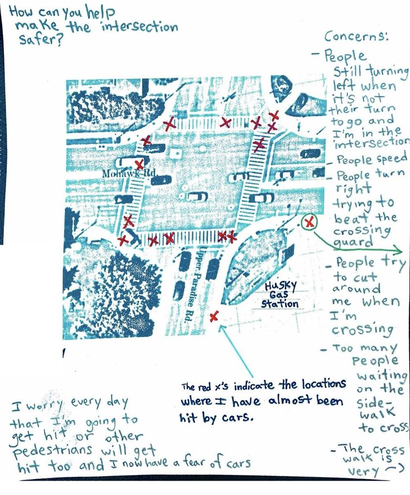 A map of a large intersection with red x's placed all over highlighting where the child was almost hit by drivers. Also notes on the page of things to improve the intersection.