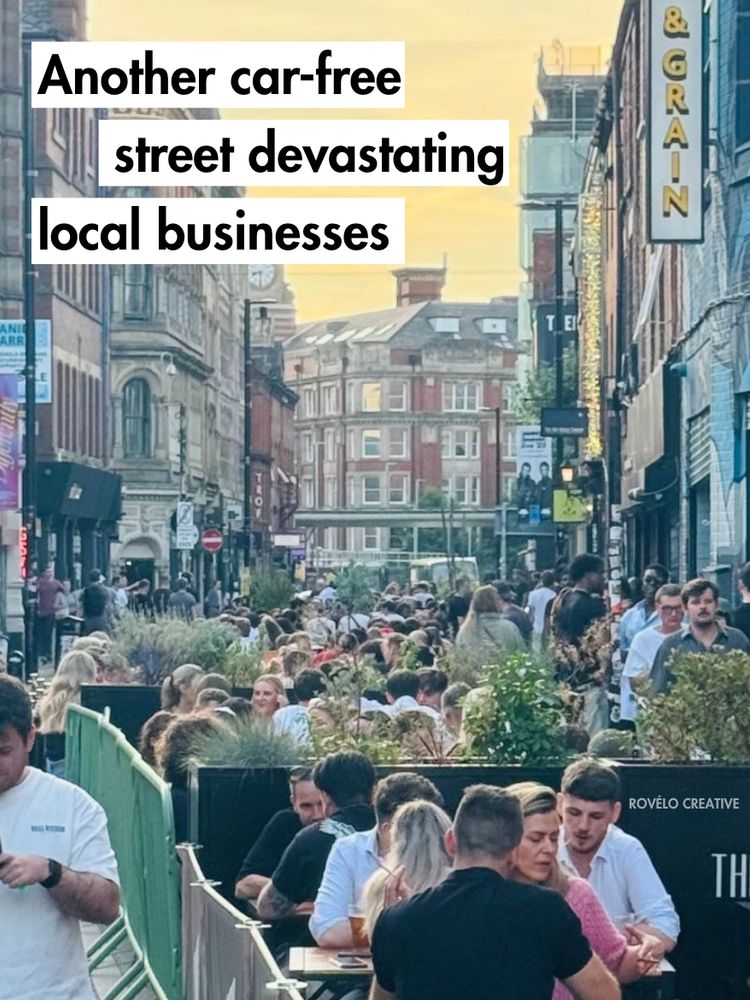 People on patios on a city street.
Another car free street devastating local businesses. 
