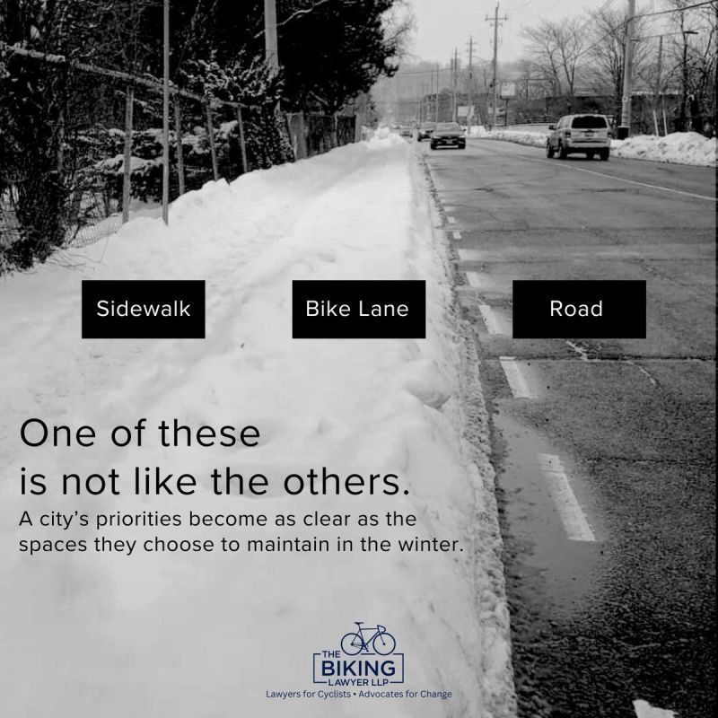 a sidewalk and bike lane covered in snow and the road perfectly cleared.
One of these
is not like the others.
A city's priorities become as clear as the spaces they choose to maintain in the winter.