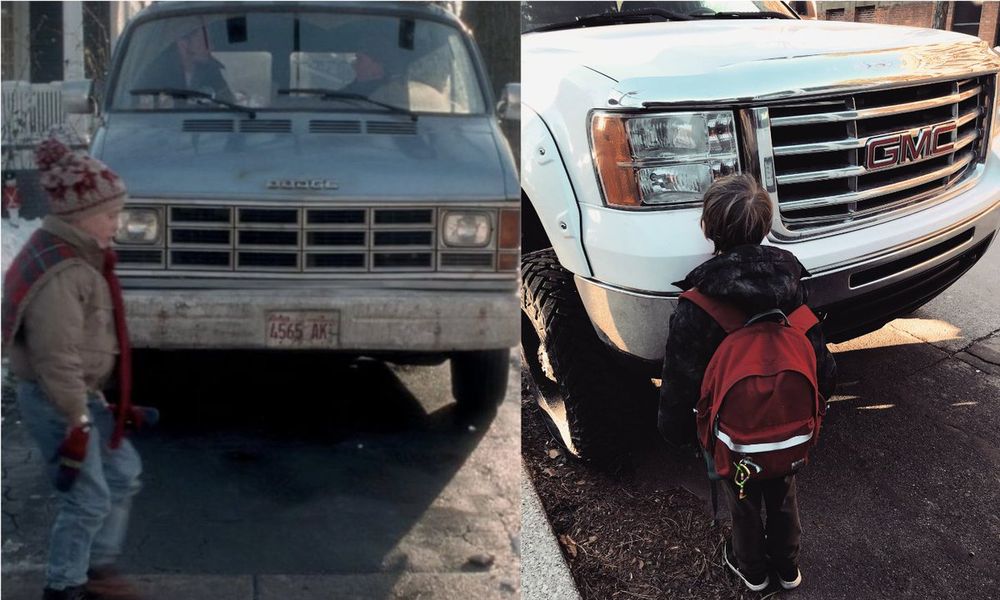 Image 1 is of Kevin from Home Alone film walking in front of a work van being driven. Image two is a child in front of a large pick up truck.