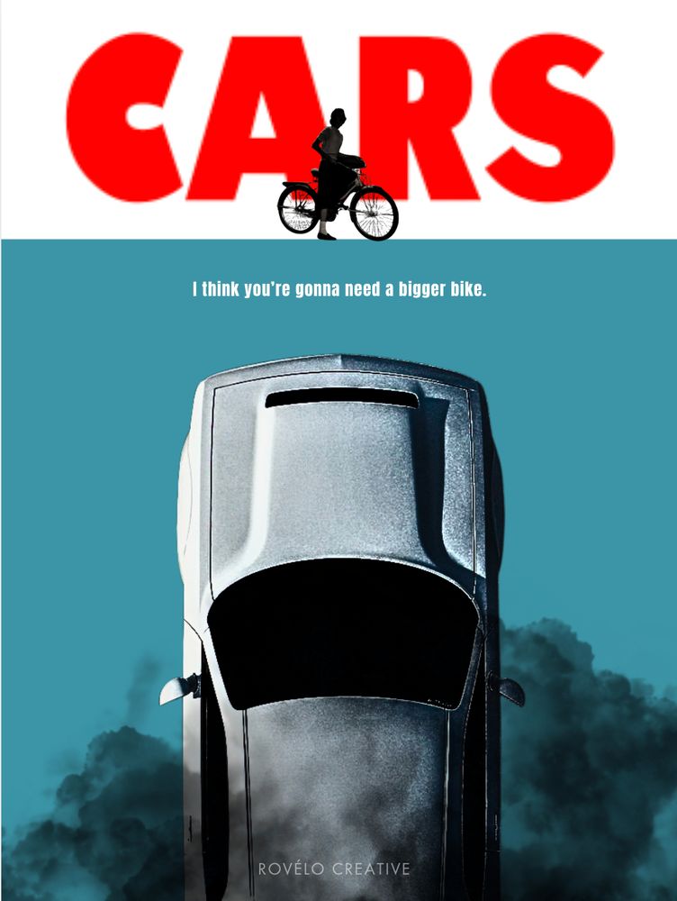 a Jaws spoof poster
CARS in big red letters with an aerial view of a vehicle.