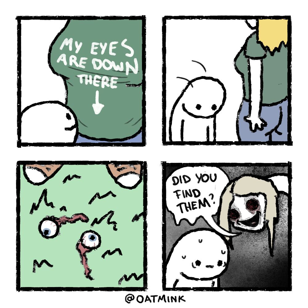 4 panel comic. In the first panel a man is looking at a woman's tits. On the woman's shirt it says 