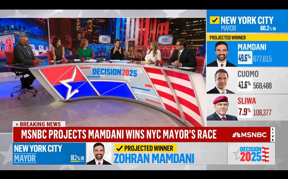 MSNBC (with Maddow, Chris Hayes, et al) calling the NYC mayoral race for Zohran