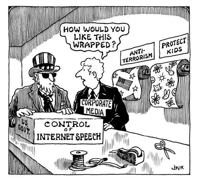 Cartoon where Uncle Same is holding a box labeled "Control of Internet Speech," and Corporate Media guy asks "How would you like this wrapped?" The two gift wrap options are "anti-terrorism" and "protect kids."