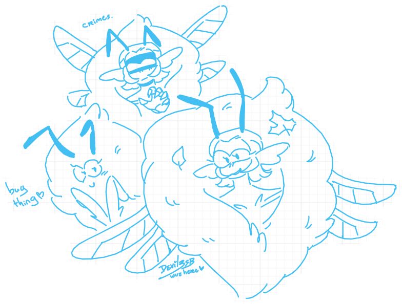 A fluffy insect humanoid drawn 3 times.
On the front, it looks happy and has a few leaves on its fur.
In the middle, it's hiding it's face on its own fur
At the back, it's glaring at the camera, holding its hand out towards the viewer.
Text: "bug thing" "crimes."