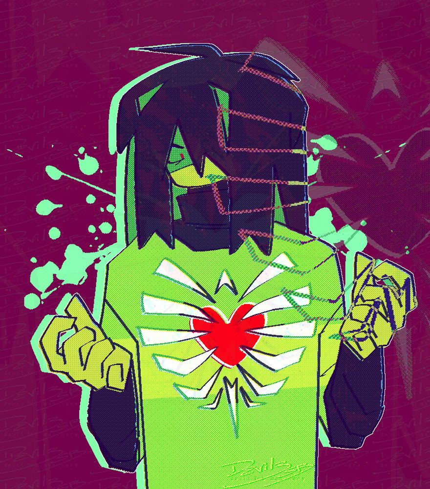 Kris from game Deltarune with their heart shaped Soul, surrounded by a sharply drawn ribcage.
Their expression is unreadable, only one eye visible.
They've got their hands slightly raised, faced to the sky, getting ready to rip out their Soul.
There's a blood splatter shaped pattern in the background.