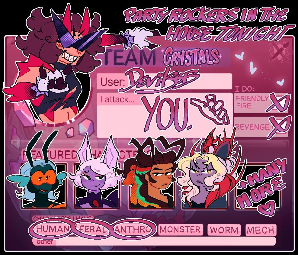 artfight team crystals card!
it displays 5 characters, a pink demon humanoid smiling devillishly, a dark cyan bug humanoid giving a nice smile, a purple bat humanoid grinning smugly, a brown haired human with colorful streaks of hair  expressionless and a purple plant humanoid looking slightly annoyed.
