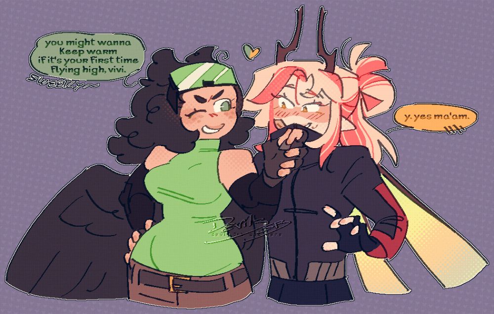 A bird winged character zipping up the jacket of a dragonfly winged character, winking at her with a grin, whilst the dragonfly one smiles flushed and embarrassed at the act.
The bird one says "You might wanna keep warm if it's your first time flying high, vivi." and the other replies "Y. Yes ma'am.