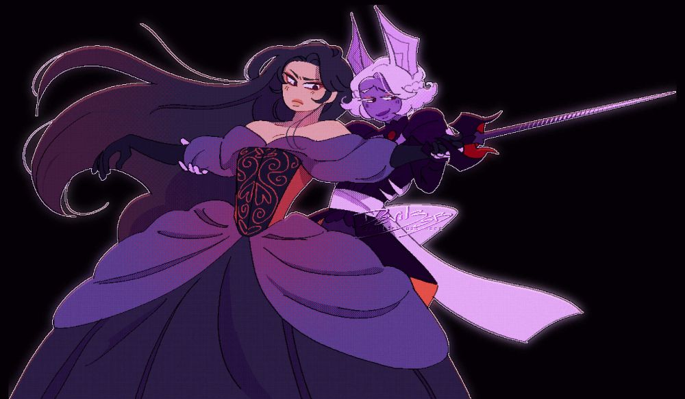 A long haired character in a fancy ballroom dress being guided by a short haired character with bat ears behind her to wield a rapier.
The long haired character is focused whilst the short haired one seems smug.
They almost look like they're dancing.