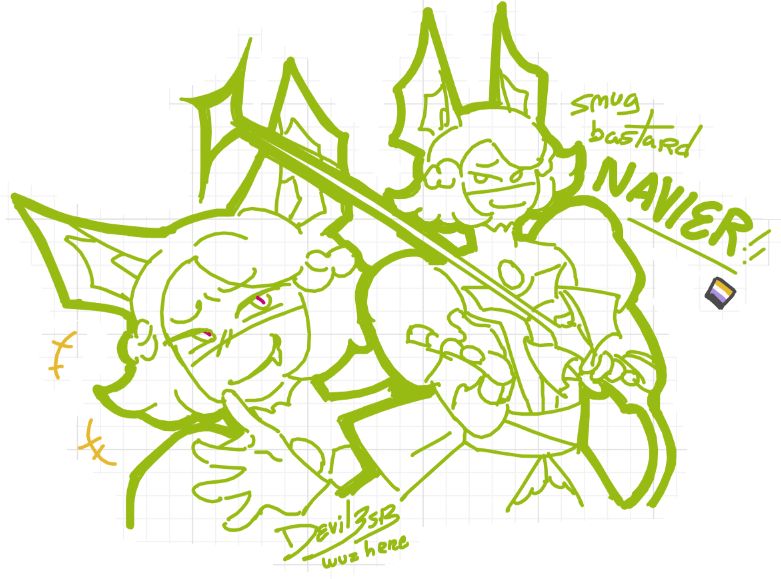 A bat humanoid creature dressed up fancy and looking smug with a rapier on hand. 
Text: "smug bastard NAVIER!!"
there's also a nonbinary flag