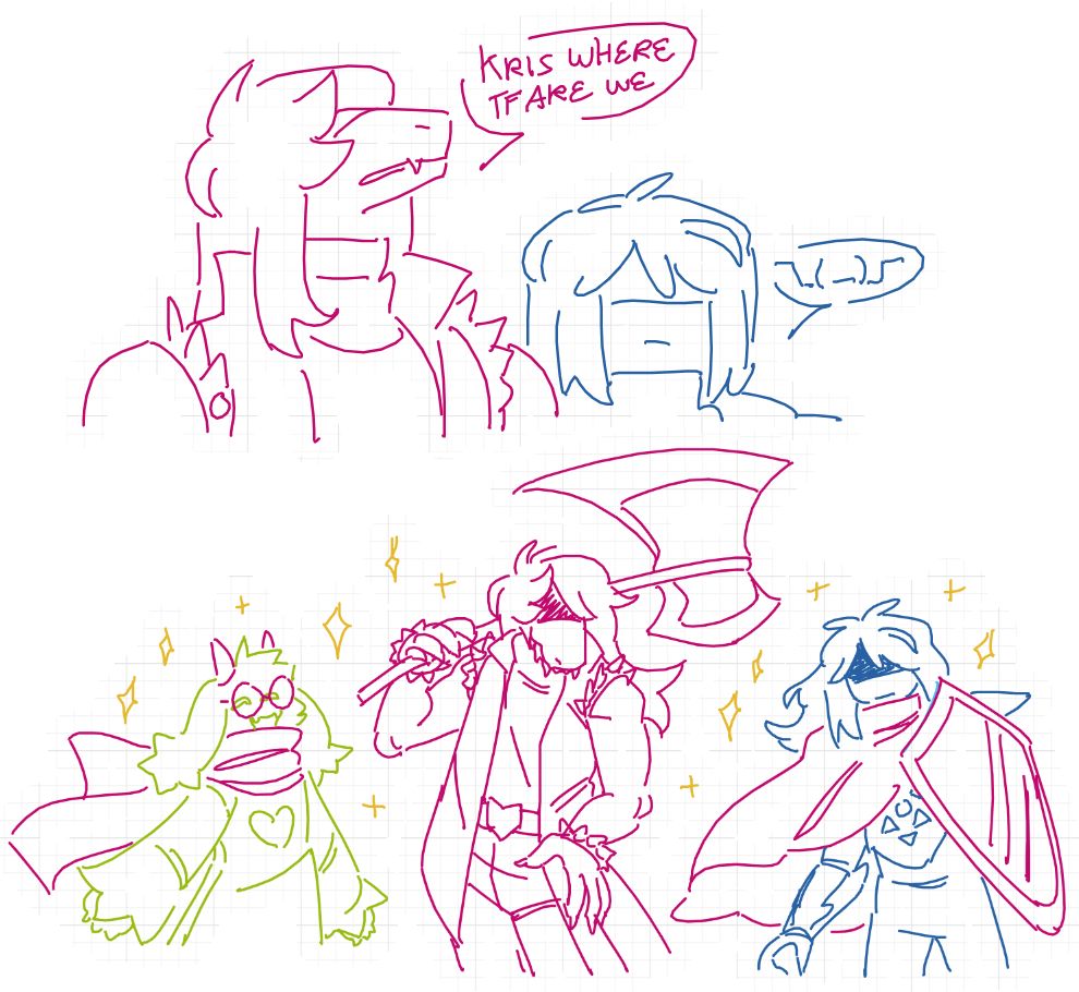two doodles.
top doodle, susie and kris are standing side to side, susie is looking up, asking "kris where the fuck are we", which they reply with a text shrug emoji.
bottom doodle, the fun gang (ralsei, susie and kris) are posing, ralsei with his arms open looking joyful, susie with her axe on her shoulder looking smug and kris with their shield aurafarming (as always).