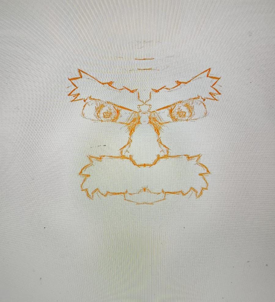 Foto tirada da minha tela, nela tem um esboço do que deveria ser um rosto visto de frente. Ele tem um bigode que cobre o lábio superior e suas sobrancelhas são bem grossas. Seu semblante é como se estivesse bravo. A linha está na cor laranja e o fundo é branco.