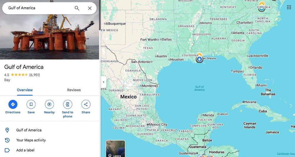 Google Maps screenshot of the southern half of the United States with "Gulf of America" labeled where "Gulf of Mexico" previously was, and a "Gulf of America" location tag and description on the left side of the screen. 