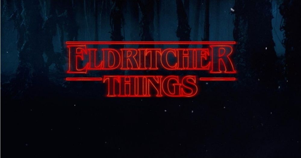 Omslagsbilden till mitt första, väldigt dåliga, rollspelsäventyr: Eldritcher Things. Font och känsla baserat på vinjetten till tv-serien Stranger Things.