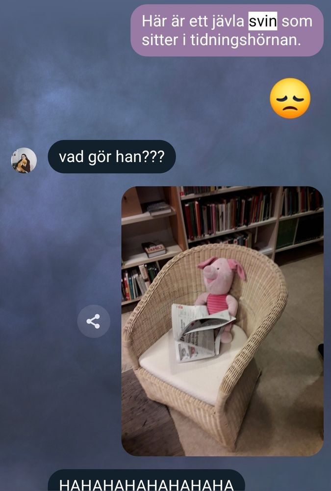 Chatkonversation:
"Här är ett jävla svin som sitter i tidningshörnan"
"Vad gör han???"

Fotografi på ett gris-gosedjur som läser tidningen i en stol i bibliotekets tidningsavdelning.
