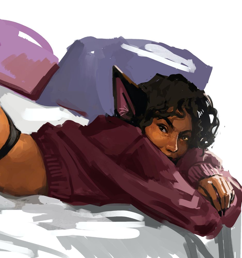 close-up crop of catra pin-up from the waist up wearing a maroon sweatshirt and a playful expression. she's looking at the viewer and has mid-length curly hair (she's growing it out)