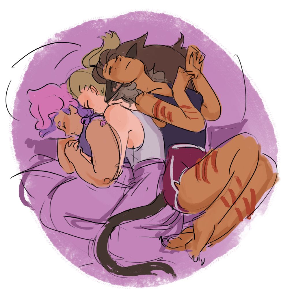 glimmer, catra and adora in bed together. adora is spooning glimmer under the covers and catra is sprawled out behind adora stretching backwards like a kitty cat