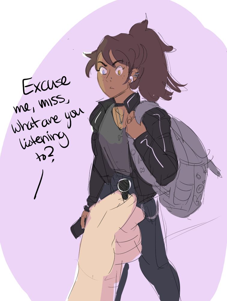 human au catra with one airpod in and a backpack slung over one shoulder. the viewer is stopping her with a tiny microphone in hand asking "excuse me, miss, what are you listening to?"