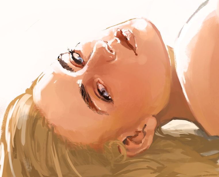 close up crop on adora's face. she's on her back looking at the viewer with a sultry and teasing expression