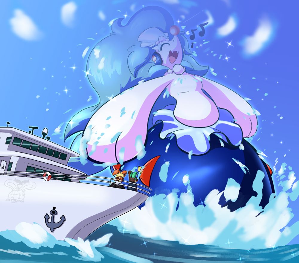 Drawing of a macro Satsuma (Primarina), bursting out of the sea and singing.

Amber and Mint (Flareon and Leafeon) are nearby on a boat, looking off to the Primarina afar.