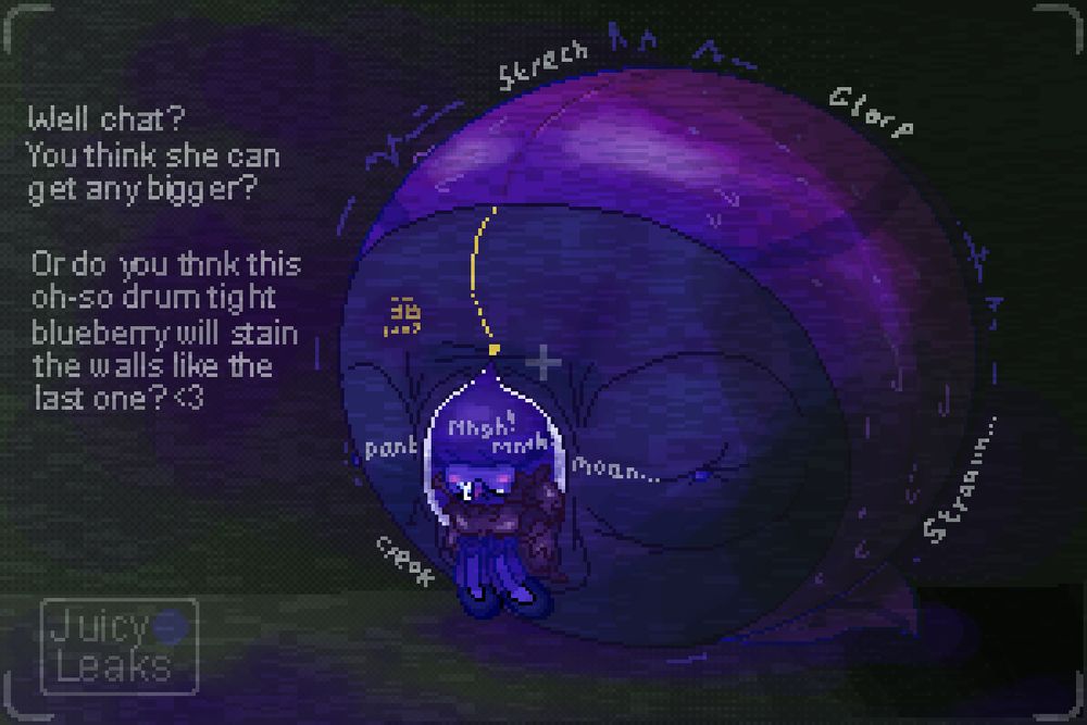 A pixelart drawing of my sona (Satsumi, Jackalope) blown up as a big blueberry, presented as if she was on a livestream in a dark room covered in blue stains.

Satsumi is very blue, large and rolled onto her back.
She's trying to look up as she's upside down, uttering "Mmph!"s and "Moan..."s as she's noisily growing taut and tight.

An offscreen character is making commentary to their chat:
"Well chat?
You think she can get any bigger?"

"Or do you think this oh-so drum tight blueberry will stain the walls like the last one? <3"
