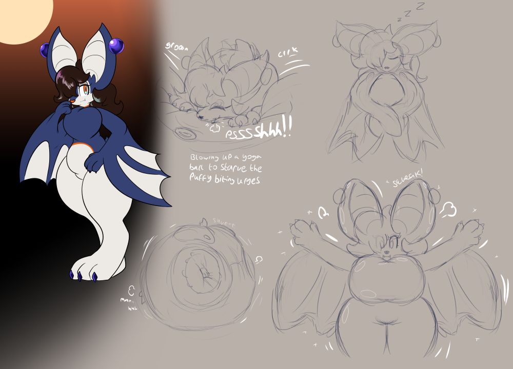 A drawing of me as an anthro bat.
Also a collection of sketches that show her in various puffy scenarios.

Text in the center reads:
"Blowing up a yoga ball to starve her puff biting urges"