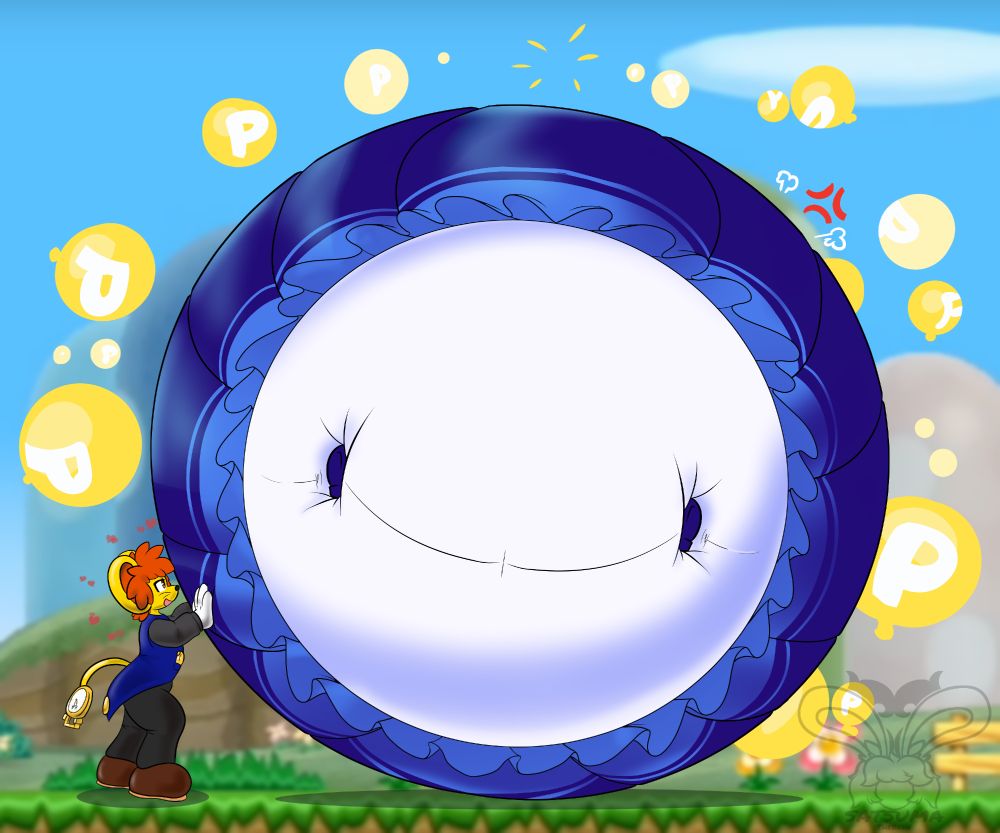 Drawing of Satsumi blown up into a balloon thanks to a bunch of P-Balloons in the background, a power-up from Super Mario World.

She's being rolled on her side, with an angry symbol on the side to show she's not too thrilled about this whole scenario, with the perspective showing under her dress, feet sunken in.

She's being rolled by Brass (Steve), mouse with a clock on his tail, looking very happy with hearts around his head.