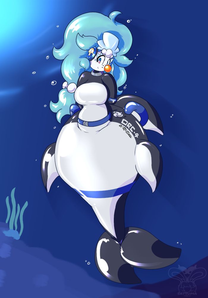 Drawing of Satsuma (Primarina), underwater, looking bashful towards the camera with her flippers behind her back, while wearing an orca themed swiming suit.