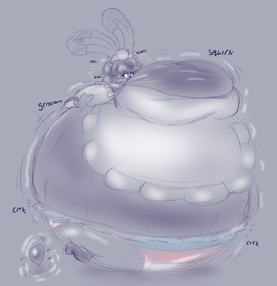 Sketch of Satsumi, jackalope, being blown up into a sphere with a big chest thanks to a cursed balloon shaped idol on the ground.

She is weaing a (currently) poorly fitting maid outfit.
Her underwear is showing, patterend after a trans flag.

Her ballooned form is making sounds:
'Squrrk, Groooan, Crrk' while she's uttering: Huff, Hhh, Huh
'