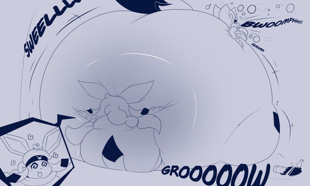 Lined drawing of two monobutt characters, a Glaceon named Aurora and a Cinderace called Clover.

As a follow-up to the last drawing, Clover has blown up bigger and is much larger now, belching and still growing, as a very dizzy looking Aurora is being squished against a wall under Clover's rear.