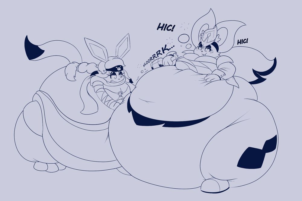 Lined drawing of two monobutt characters, a Glaceon named Aurora and a Cinderace called Clover.

Clover is leaning forward, giving a Clover a push while she's having a 'expansive' beverage.
She's also uttering 'HIC!' a lot.