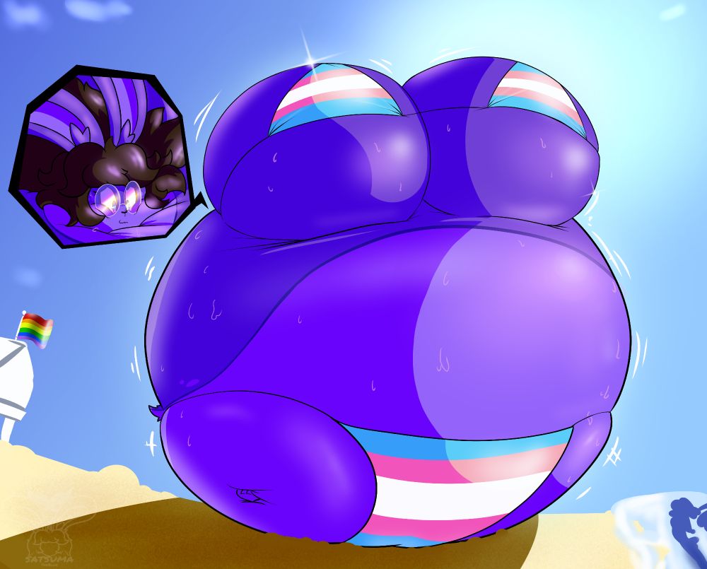 A drawing of me as a jackalope, expanded into a big blue-purple blueberry on the beach while wearing a very snug two piece bikini with the trans flag patterned on it.

Her expression is happy but bashful, wearing sunshades because it's the beach and you need those to look cool.

In the background is a small hut with a pride flag on top.
Merry pride month by the way, keeping being yourself.