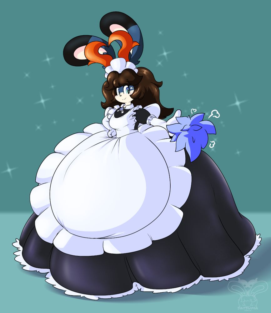 Drawing of Satsumi, jackalope, standing proudly in a big ballgown styled maid outfit.

She's pointing a feather duster towards the viewer.