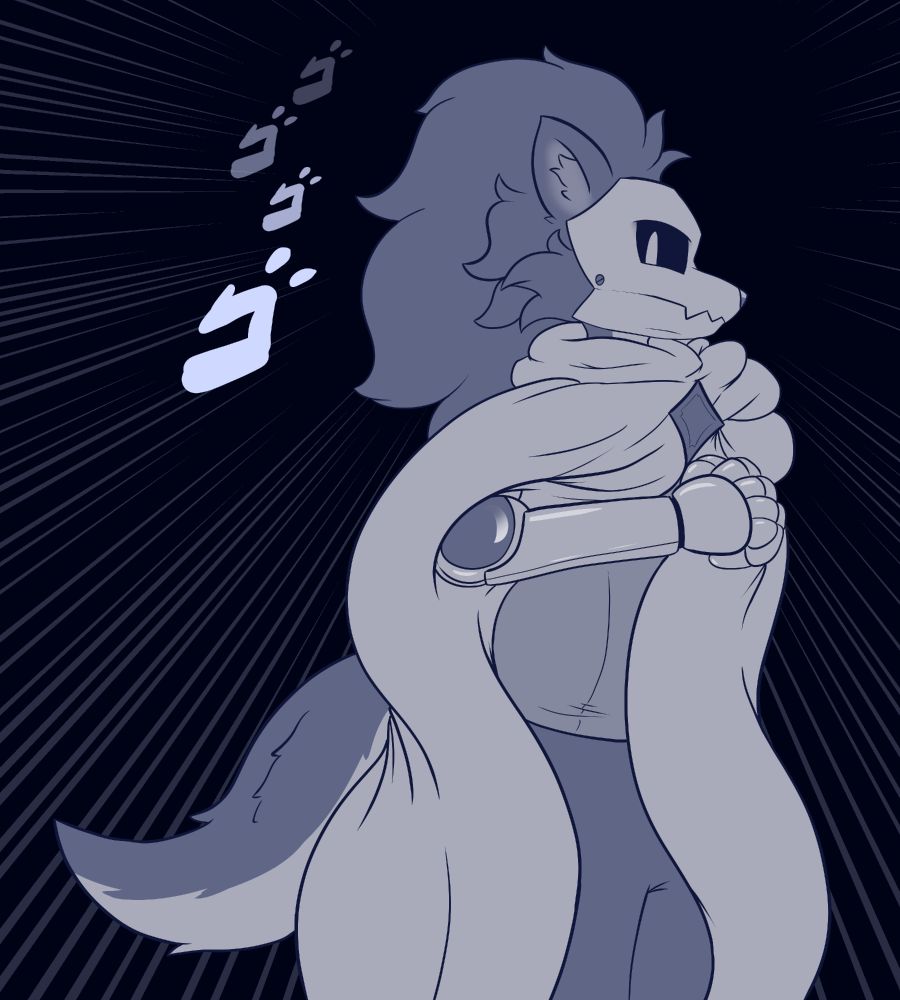 A drawing of Tower, a wolf, wearing a big cape that's mostly hiding and obsuring his design and clothes.

He's wearing a mask that's covering all of his face, with his hair and cheek fluff poking out from behind it.

Exposed in the gap of the cape is his right arm, shown to be a metal prosthetic.

The background has speed lines and Japanese onomatopeia that translates to 'menacing' or 'rumble'.

He's a nice guy really, for real, he just looks mean.