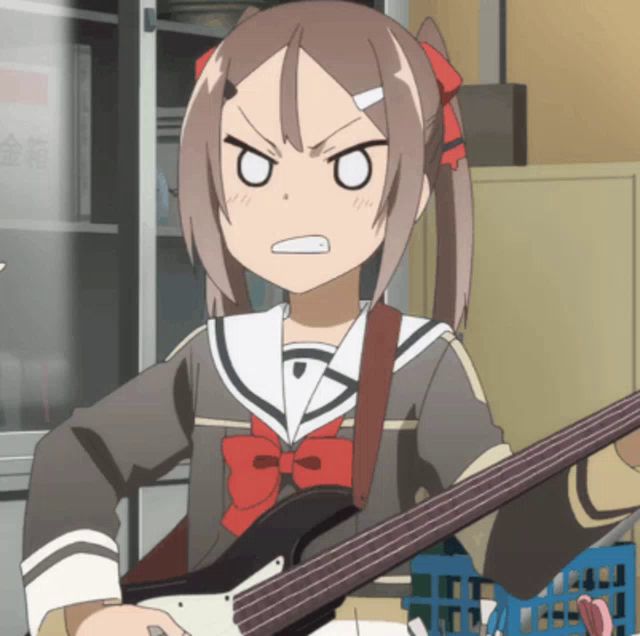 a girl in a school uniform is playing a guitar