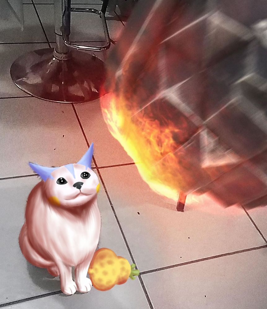 A cat-like Pachirisu sits on the floor with a Sitrus Berry at its feet, watching a flaming rock hurdle towards it. This is in reference to Sejun Park's Pachirisu from the Pokémon World Championship 2014, where it survived a Salamence Draco Meteor and subsequently won the championship for Sejun Park.