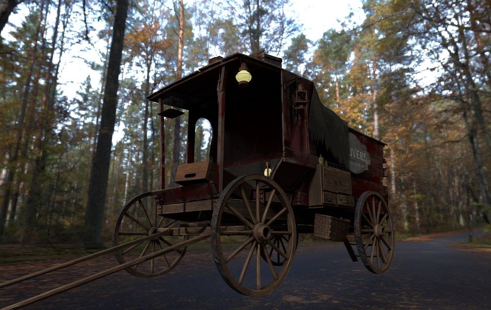 Front three quarter view of medicine wagon
