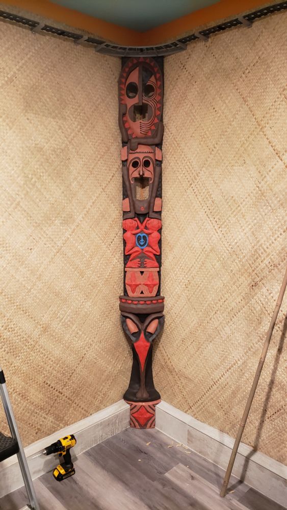 Installed painted 3D print of a pole from the Enchanted Tiki Room at Disneyland
