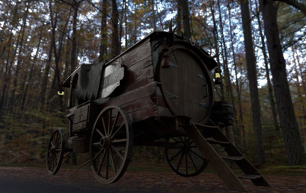 Rear three quarter view of medicine wagon