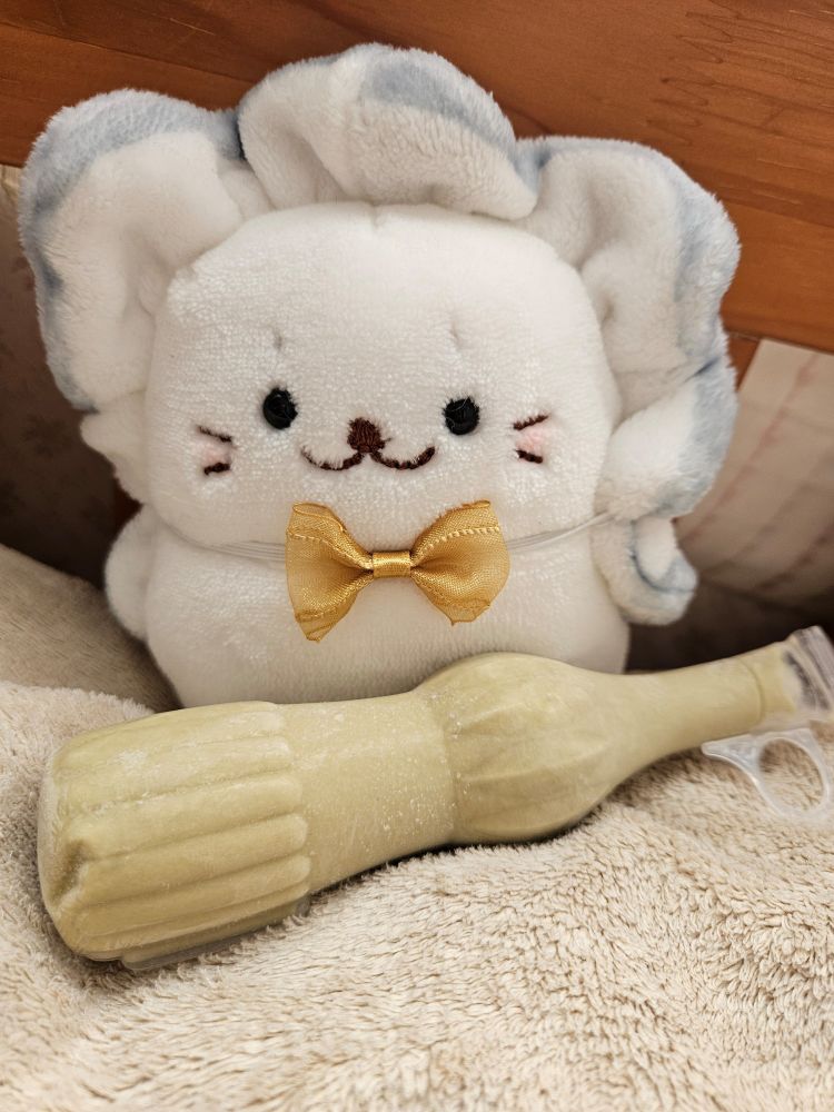 黄色のオーガンジーのリボンを首に着けた牡蠣のしろたんのぬいぐるみと、パピコのピスタチオ味の写真。