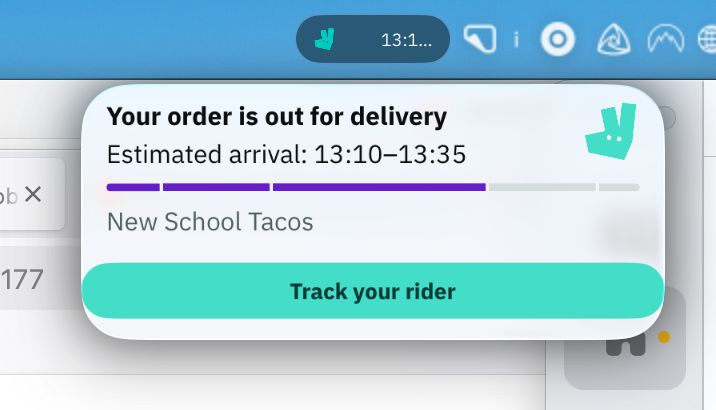 Screenshot of a Deliveroo live activity. The text in the menu bar item is truncated to “13:1…” - while there is enough space between the app icon on the left and the text on the right to show more of it.

The popup menu item itself also has poor layout. The call to action button “Track your rider” is shown without any padding and it looks awkward.