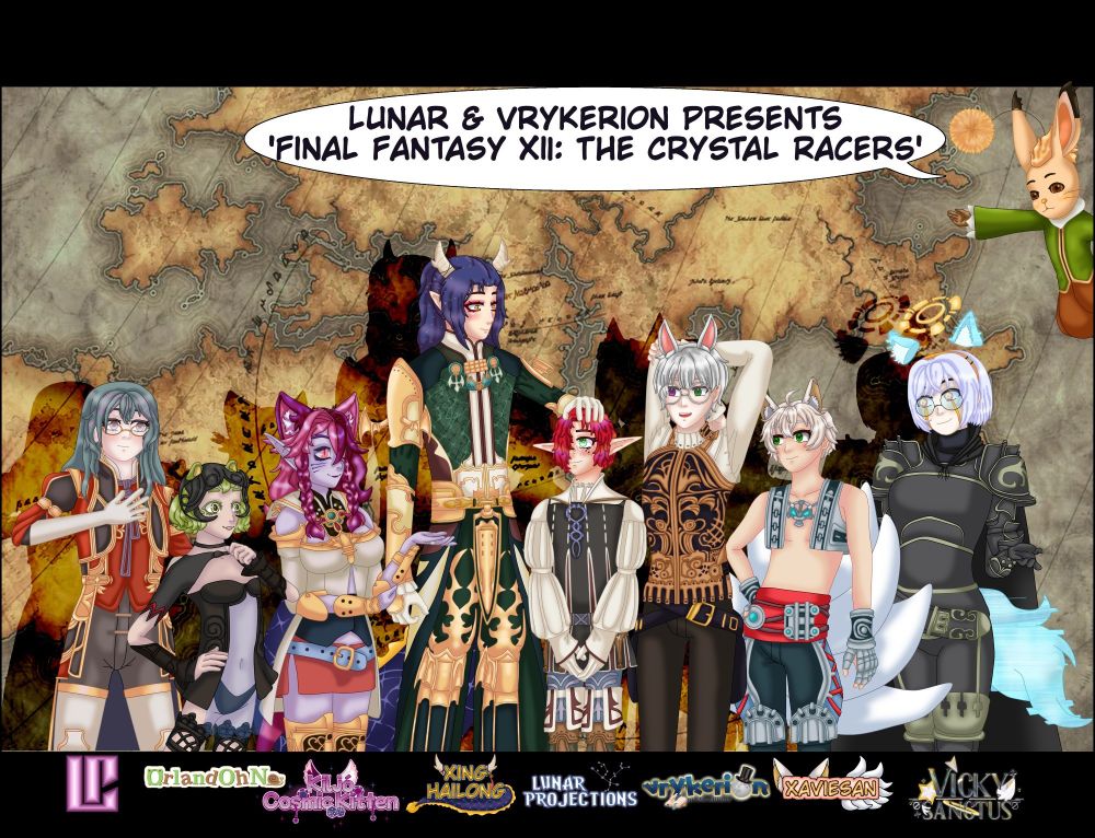 Promotional poster for "Final Fantasy XII: The Crystal Racers," presented by Lunar & Vrykerion. Eight anthropomorphic and fantasy-themed characters stand together in front of a stylised map background of Ivalice. Each character features unique traits such as animal ears, tails, vibrant hairstyles, and fantasy-inspired clothing. The title appears at the top, and contributor logos - including Lady P, OrlandOhNo, Kiljo CosmicKitten, Xing Hailong, Lunar Projections, Vrykerion, Xaviesan and Vicky Sanctus - are displayed at the bottom.