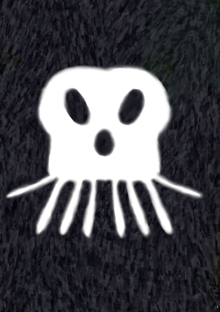 White skull/jellyfish on black background.