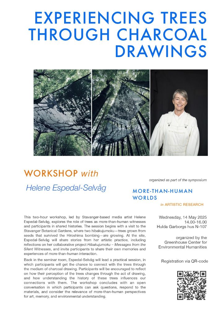 A poster with images of textile artwork displayed in trees and an artist photo of a woman in white overalls. The poster is advertising a workshop entitled Experiencing Trees Through Charcoal Drawings, and the text is in blue and orange. There is also a QR code to sign up for the event.