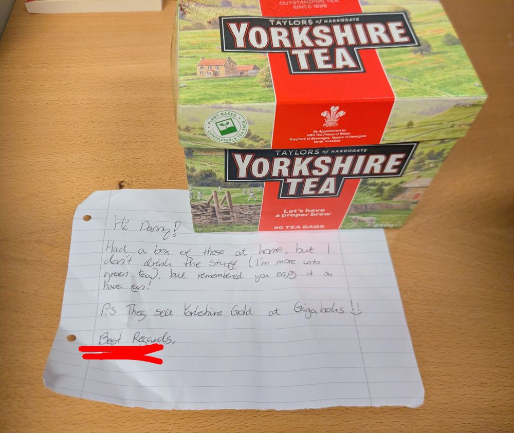A box of Yorkshire tea and a note from a former student